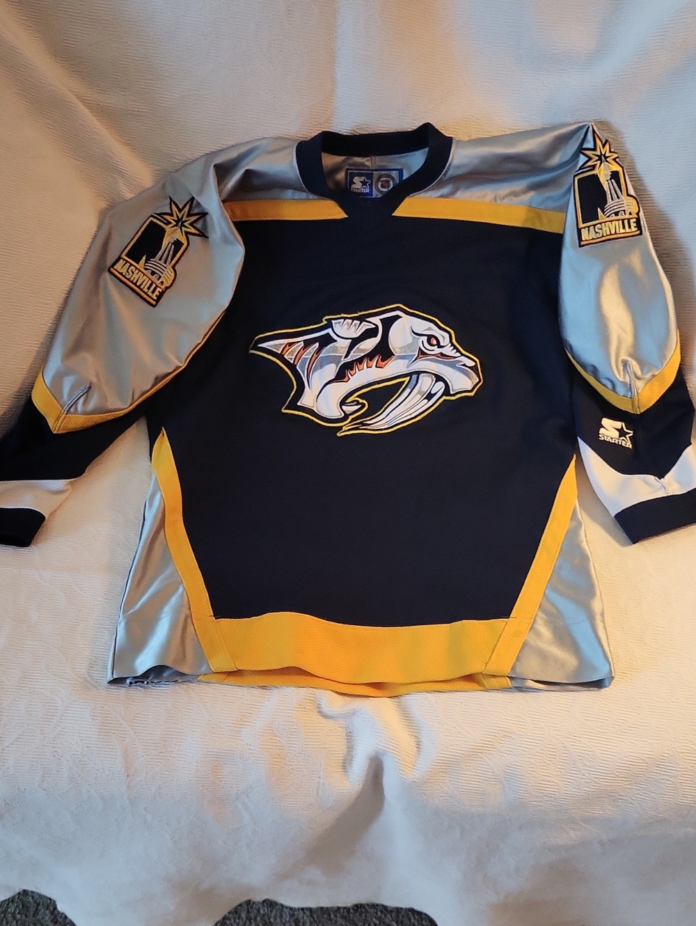 STARTER Navy and Gold Hockey Jersey Collar Detail